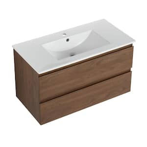 35.90 in. W Floating Wall-Mounted Bath Vanity in Brown Oak with White Ceramic Top