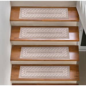 Basics Collection Non-Slip Rubberback Modern Bordered 8.5 in. x 26 in. Indoor Stair Treads, 7 Pack, Beige