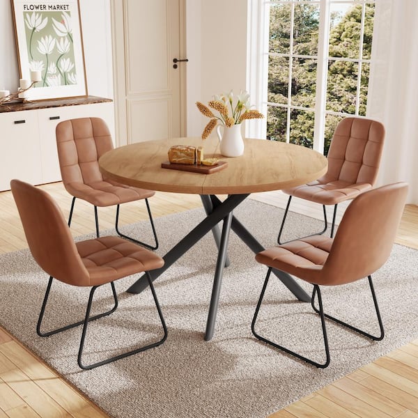 5-Piece Brown Chairs and Round Dining Table, Dining Table Set with 4 PU Chairs