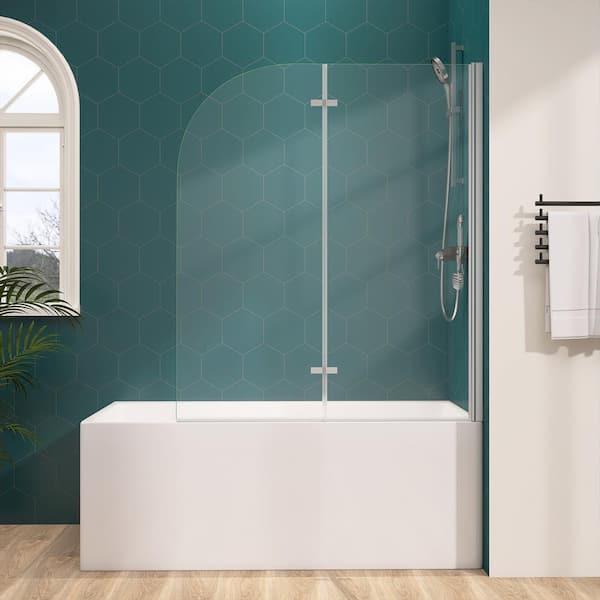 Getpro 48 in. W x 58 in. H Frameless Pivot Bifold Tub Door in Hinged Bathtub Shower Door in Chrome with 1/4 in. Clear Glass