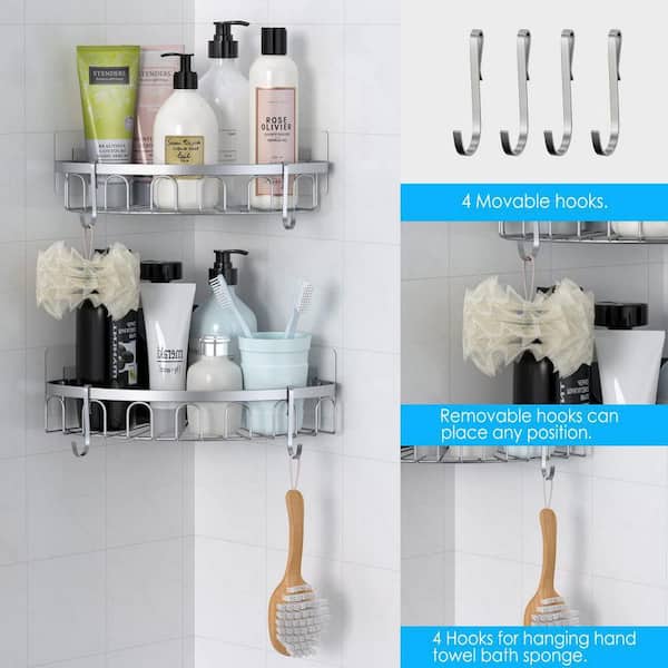 Dracelo 2-Pack Silver Adhesive Stainless Steel Corner Shower Caddy Storage Shelf with 4 Hooks