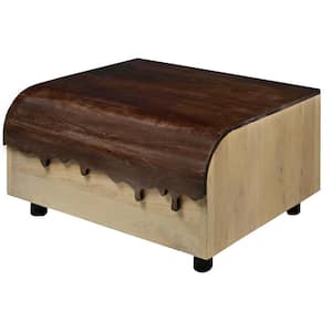 36 in. Walnut Brown and Oak White Square Mango Wood Coffee Table with Drip Design