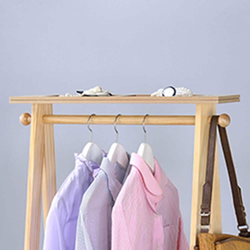 Natural Rubberwood Freestanding Garment Rack with Shelves and Hooks