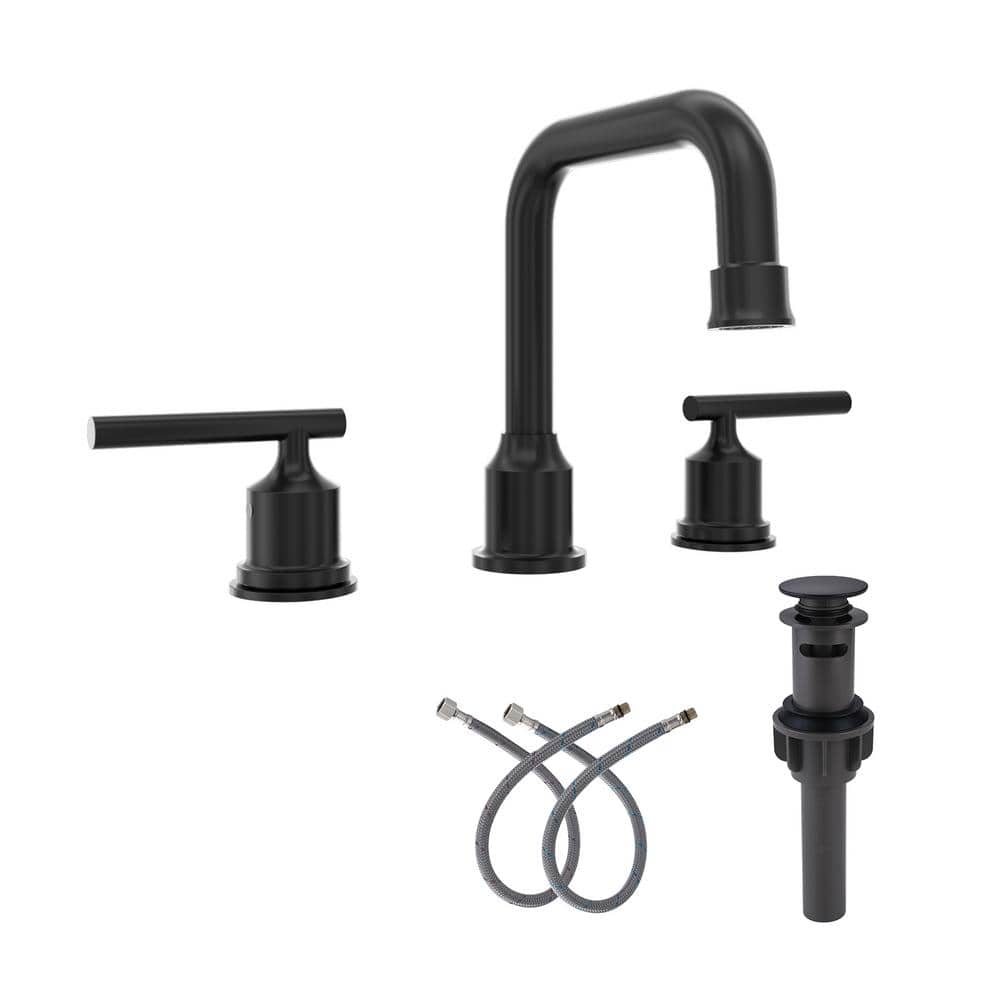 8 in. Widespread Double Handle High Arc Bathroom Faucet with Pop-up Drain and Supply Lines in Matte Black (1-Pack) price history on PriceWatchPro
