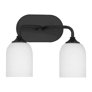 Emile Medium 13.25 in. 2-Light Midnight Black Bathroom Vanity Light with Etched White Glass Shades