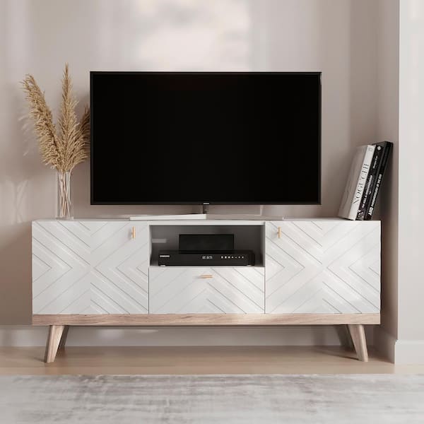 LIVING SKOG Alba White 59 in. TV Stand with 1 drawer Fits TV's up to 65 in. with Cable Management and Wood Legs