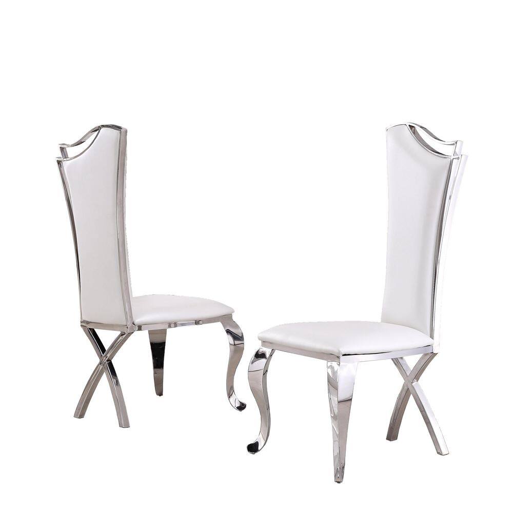 White Marble 7-Piece Dining Set with Silver Stainless Steel Base and Faux Leather Chairs