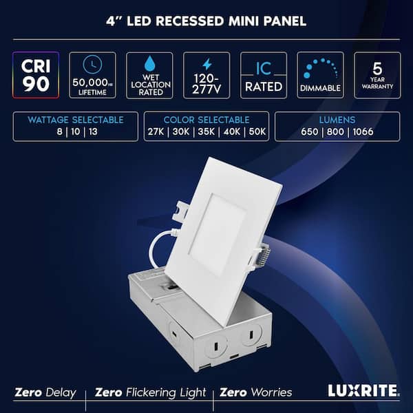 4 in. Integrated LED Square Recessed Light Canless Spotlight 8/10/13-Watt 5CCT 650/800/1266LM IC Rated Wet Rated ETL