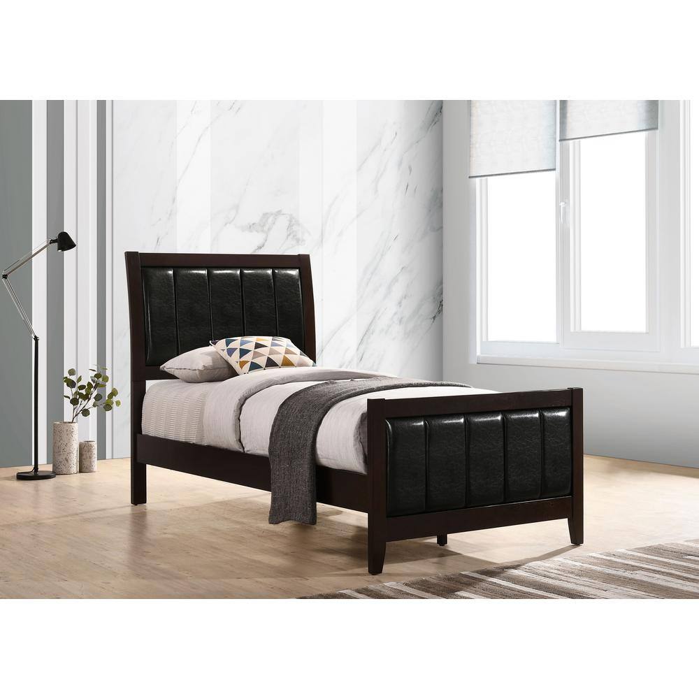 Transitional Twin Upholstered Bed with Tufted Faux Leather in Black and Brown