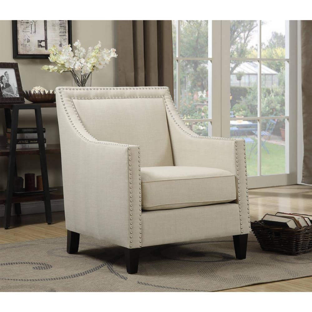 Transitional Emery Accent Chair in Cream with Metal Stud Trim