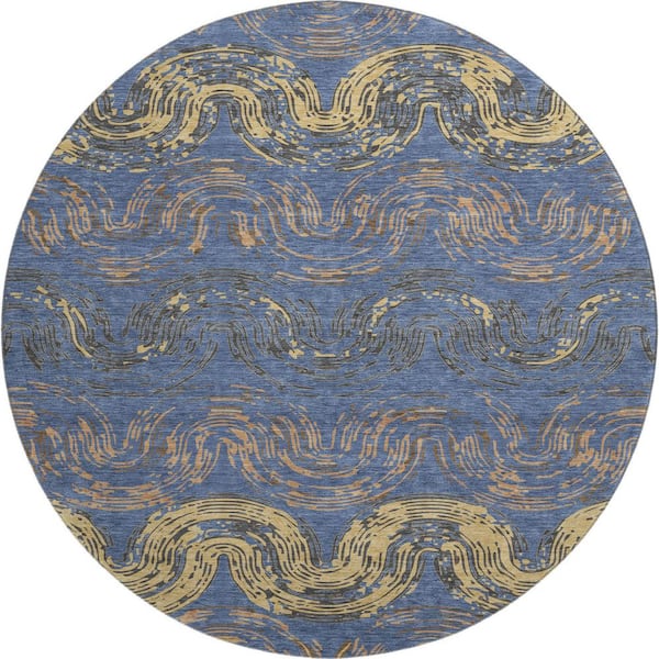 Mayfield Premium Machine Washable Abstract AMF2461 Navy 8 ft. x 8 ft. Round Rug