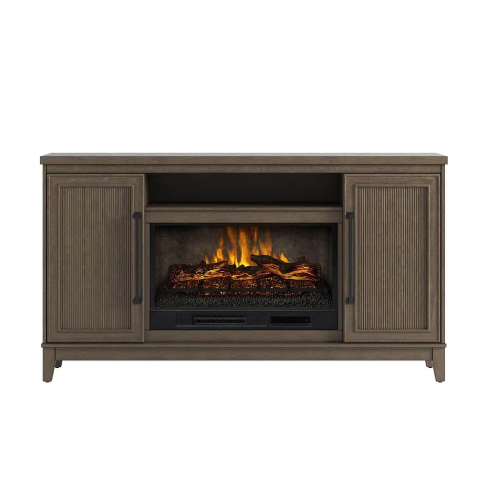 SCOTT LIVING BLAINE 65 in. Freestanding Media Console Wooden Electric Fireplace in Light Brown Birch. H 36.00 in, W 65.00 in, D 15.50 in
