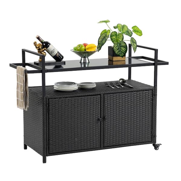 Unbranded Outdoor Wicker Bar Cart Patio Wine Serving Cart with Wheels, Rolling Beverage Bar Counter Table with Glass Top for Porch