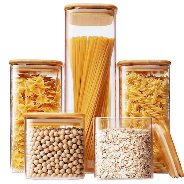 Square Glass Storage Jars with Bamboo Lids, Set of 5 Multi-Size Airtight Canisters for Pasta, Cereal, Flour, Sugar