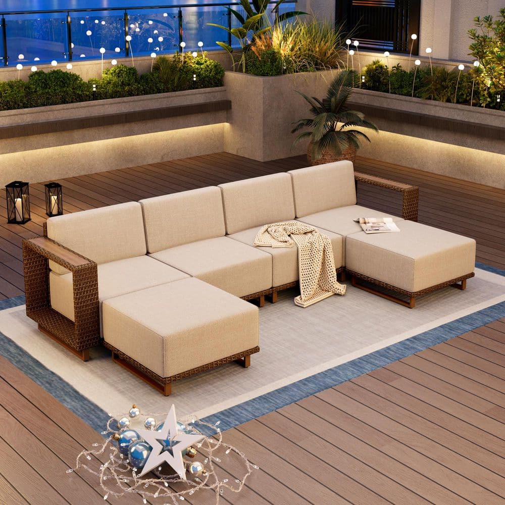 Brown Rattan Wicker 6 Seat 6-Piece Steel Outdoor Patio Conversation Set with Beige Cushions and 2 Ottomans