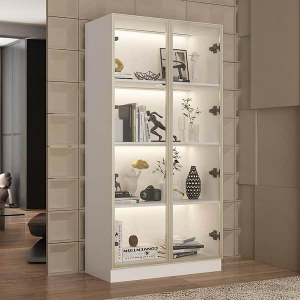 63 in. Tall White Wood 3-Shelf Bookcase Bookshelf With 3-Color LED Lights and Tempered Glass Doors