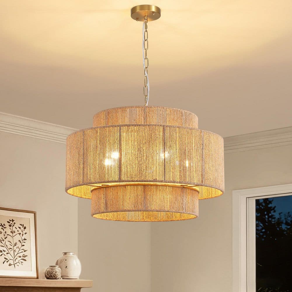 24 in. 5-Light Gold 3-Tier Handwoven Rope Chandelier with Adjustable Hanging Chain for Dining Room Living Room Bedroom price history on PriceWatchPro