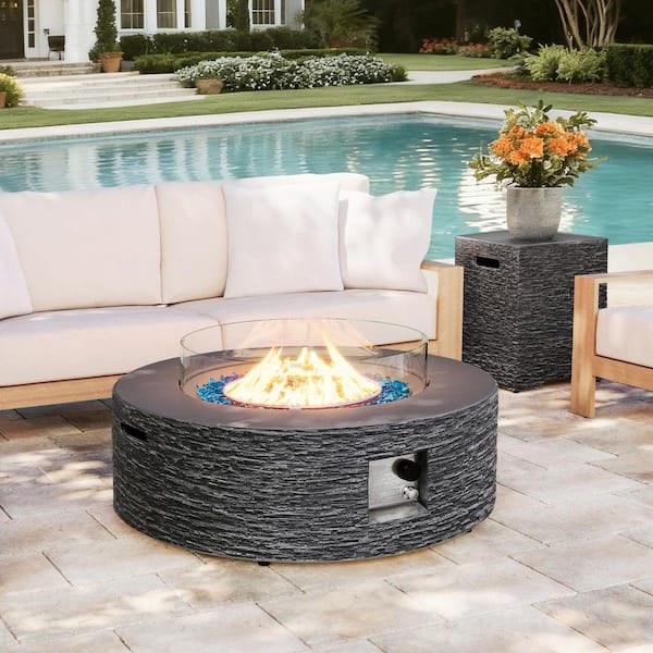42-Inch Round Magnesium Oxide Gas Fire Pit Table, Includes Tank Cover and Wind Guard, Dark Gray