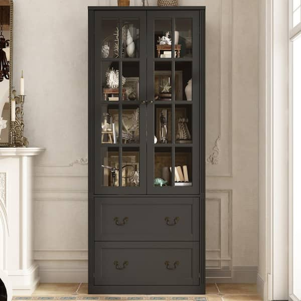 FUFU&GAGA Black Wooden 31.5 in. W Buffet Pantry Cabinet Kitchen Cabinet with Adjustable Shelves and Tempered Glass Doors, Drawers