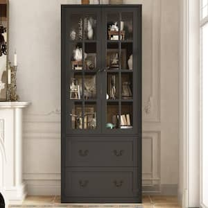 Black Wooden 31.5 in. W Buffet Pantry Cabinet Kitchen Cabinet with Adjustable Shelves and Tempered Glass Doors, Drawers