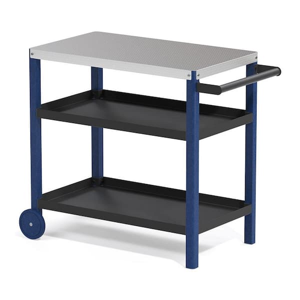 Sudzendf Navy Blue Outdoor Prep Cart Movable Dining Cart Table BBQ Grill Cart