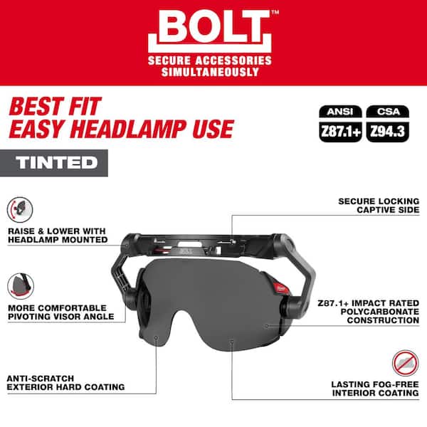 BOLT White Type 1 Class C Front Brim Vented Hard Hat with 4 Point Ratcheting Suspension with Tinted Dual Coat Eye Lense
