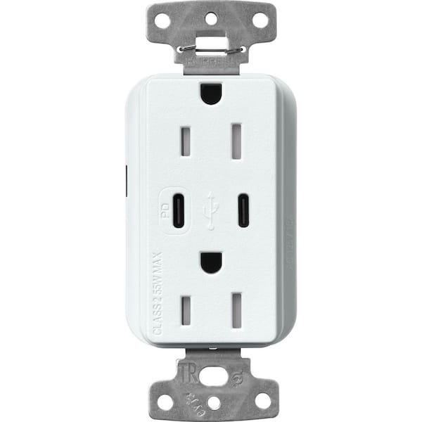Claro 15 Amp Tamper Resistant USB Type C Duplex Receptacle, Decorator Style Outlet, Satin Finish, SCR-15-CCTR-GL, White