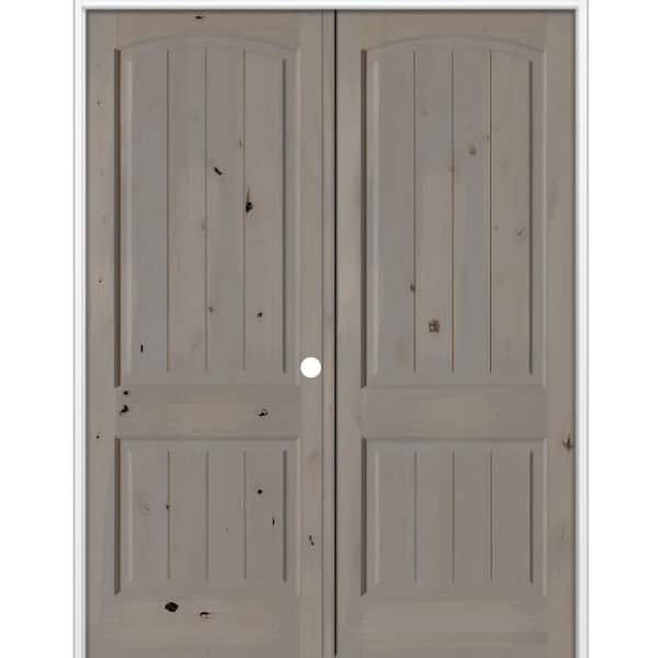 Krosswood Doors 60 in. x 96 in. Knotty Alder 2-Panel Arch Top VG Left Hand Weathered Gray Stain Wood Double Prehung Interior Door