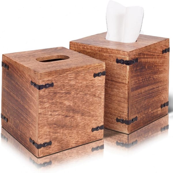HomeRoots 6 .5 in. Natural Rustic Natural Mango Wood Square Tissue Holders (Set Of 2)