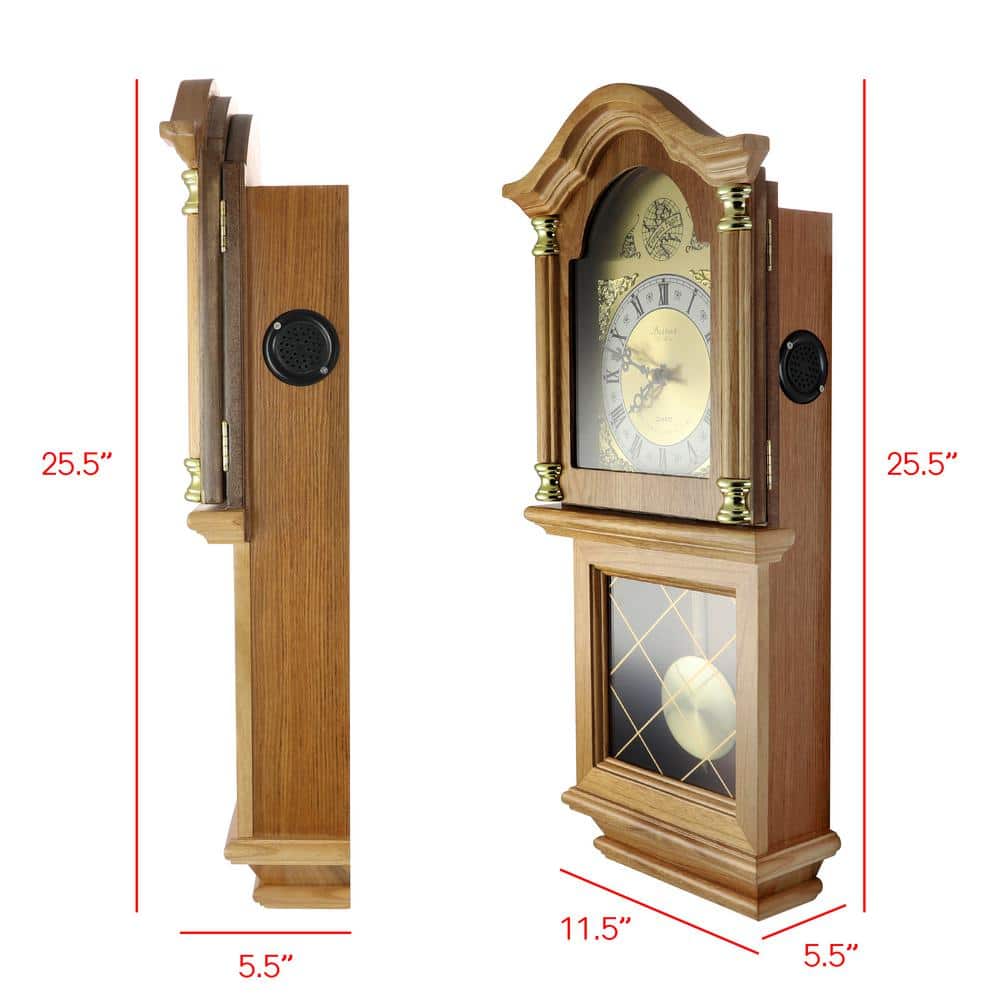 Golden Oak 26" Chiming Wall Clock with Swinging Pendulum