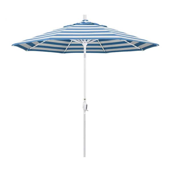 California Umbrella 9 ft. Matted White Aluminum Push Button Tilt Crank Lift Market Patio Umbrella in Cabana Regatta Sunbrella