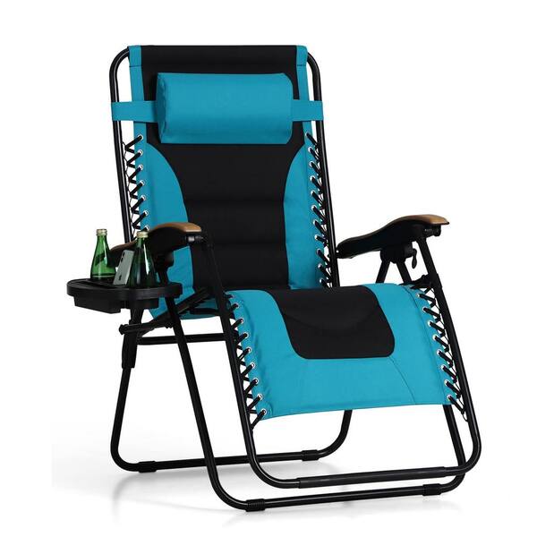 Metal Outdoor Recliner Adjustable Folding Patio Lounge Chair with Light Blue Cushion GLF011LB
