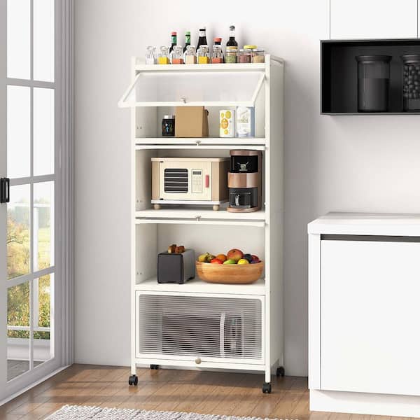White 4-Shelf Metal 23.5 in. W Kitchen Baker's Rack Storage Cabinet Mobile Microwave Stand Flip-up Doors