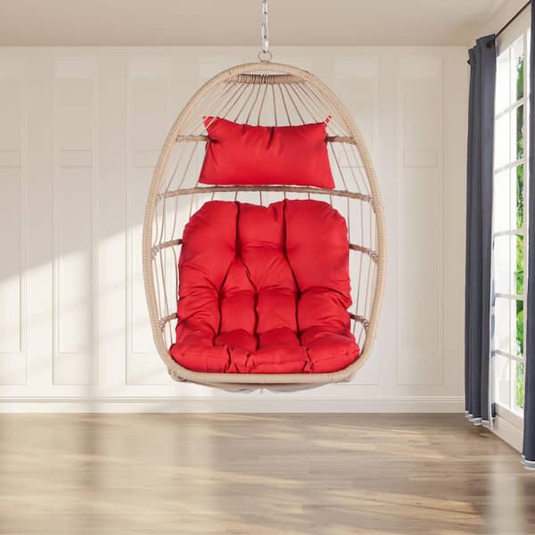 Cesicia Wicker Outdoor Garden Porch Swing Chair Hanging Egg Chair with Red Cushions