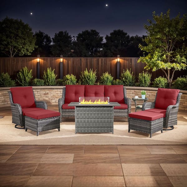 moosprr 7-Piece Gray Wicker Fire Pit Conversation Set with Olefin Red Cushions and Swivel Glider Rocking Chairs and Couch
