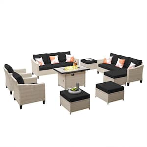Oconee Beige 9-Piece Modern Outdoor Patio Conversation Sofa Set with a Rectangle Fire Pit and Black Cushions