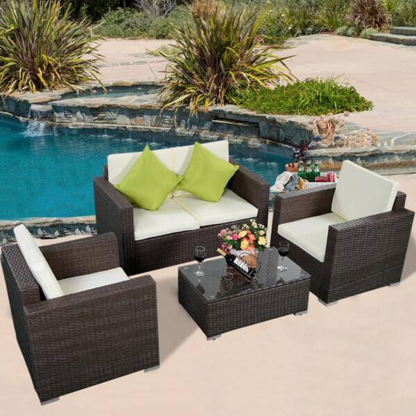 Kadehome Brown 4-Piece Wicker Patio Conversation Set with Beige Cushions