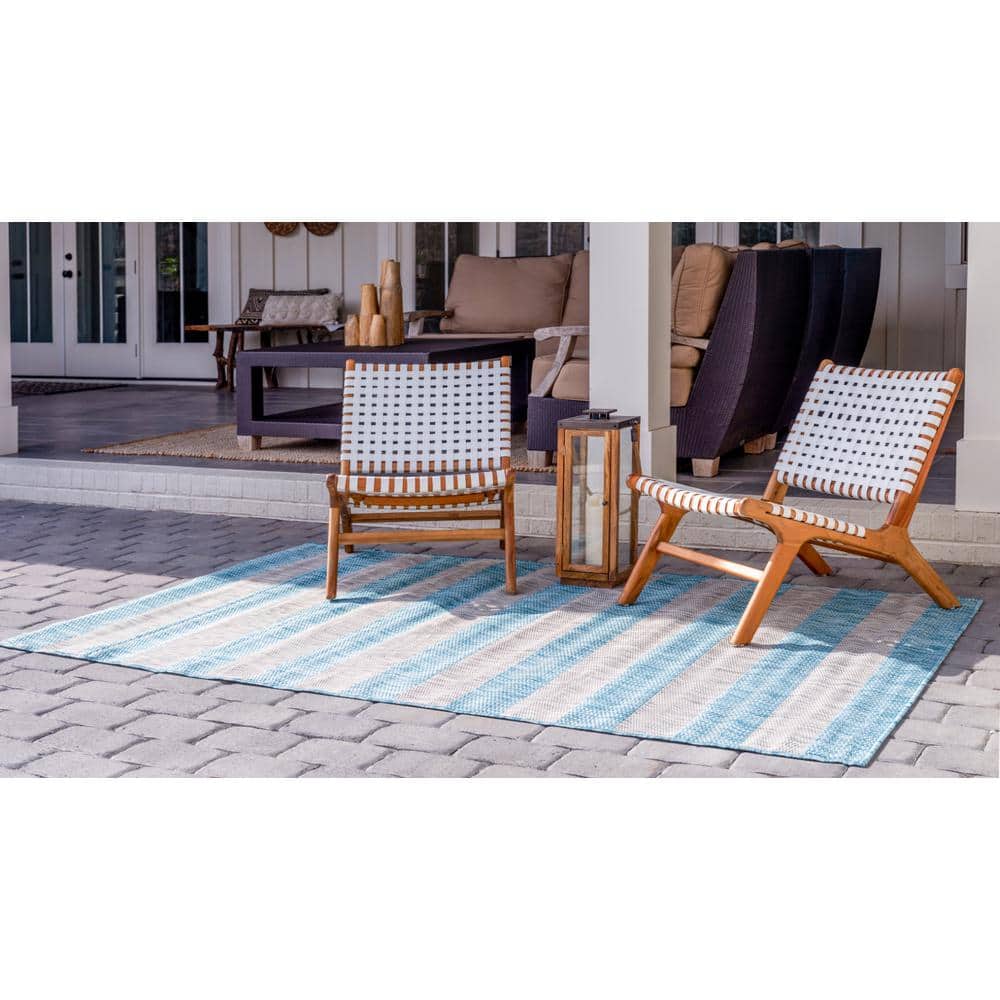 Aqua Blue and Ivory Stripe 6' x 9' Easy-Care Outdoor Rug