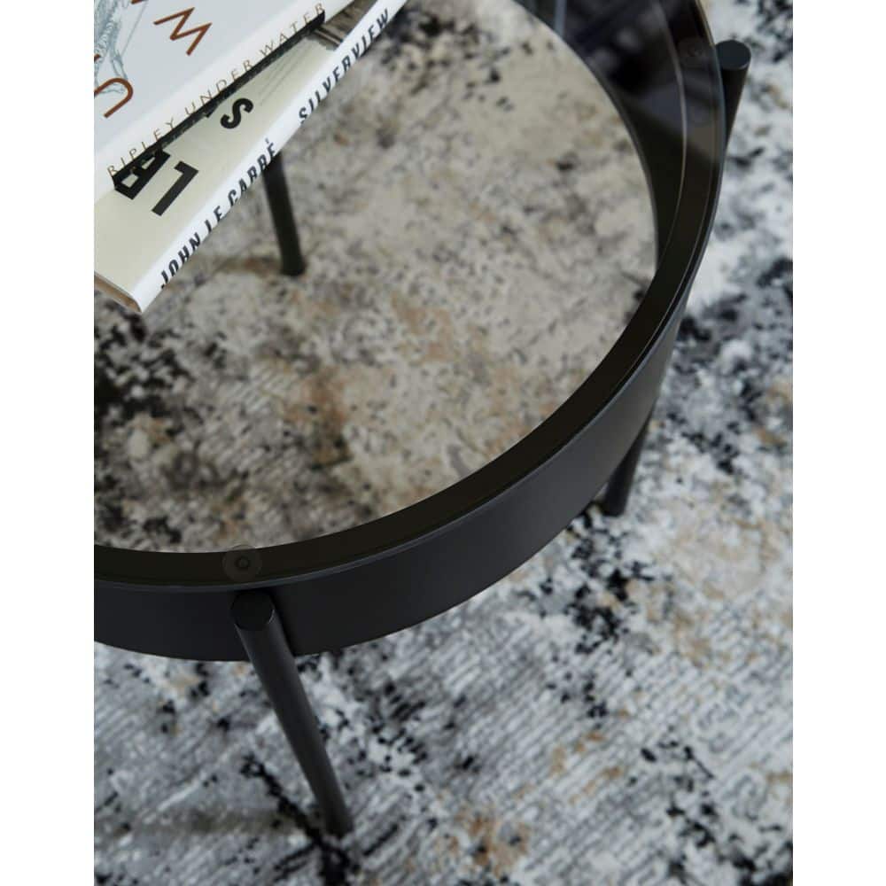 Black Metal and Glass Round Coffee Table Set