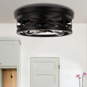 11 in.2-Light Black Flush Mount with Drum Metal Cage Shade for Entryway Bedroom (2-Pack)