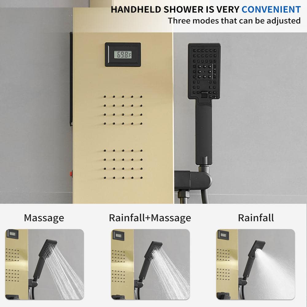 Gold Brushed Stainless Steel Shower Panel with LED and Handheld Wand