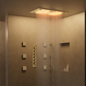 AuroraSymphony LED 5-Spray Ceiling Mount 28 in. and 16 in. Fixed and Handheld Shower Head 2.5 GPM in Brushed Gold