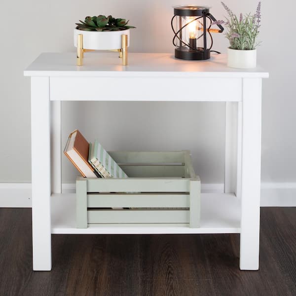 11.02in Rectangle Narrow Wood End Table with Charging Station, White