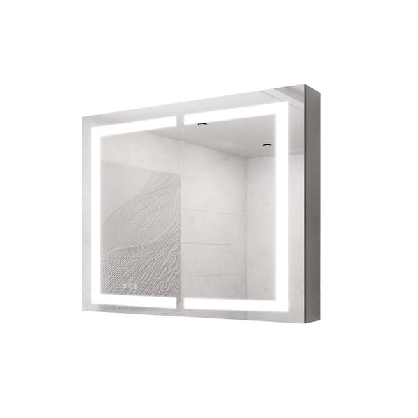 Unbranded 36 in. W x 30 in. H Rectangular Silver LED Anti-Fog Recessed/Surface Mount Medicine Cabinet with Mirror
