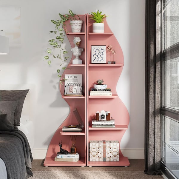 Modern 70 in. Tall Pink Wood 5-Shelf Corner Bookcase with Ample Storage and Space-Saving Design for Living Room, Office