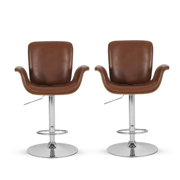 Noble House Mendon 39.75 in. Dark Brown and Silver Bentwood Adjustable Swivel Barstools (Set of 2)