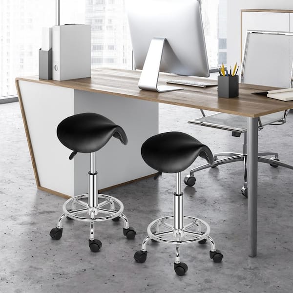 Black PU Leather Seat Adjustable Salon Stool Hydraulic Saddle Rolling Chair