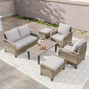 6-Piece Brown Wicker Outdoor Patio Conversation Set Loveseat, Ottomans, Gray Cushions and Wood Grain Top Coffee Table