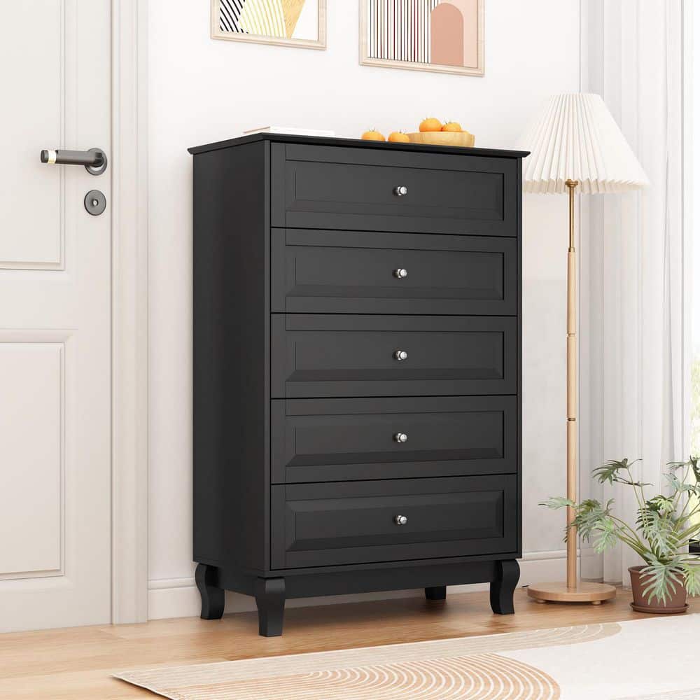 FUFU&GAGA 5-Drawer Black Paint Wood Chest of Drawer Dresser