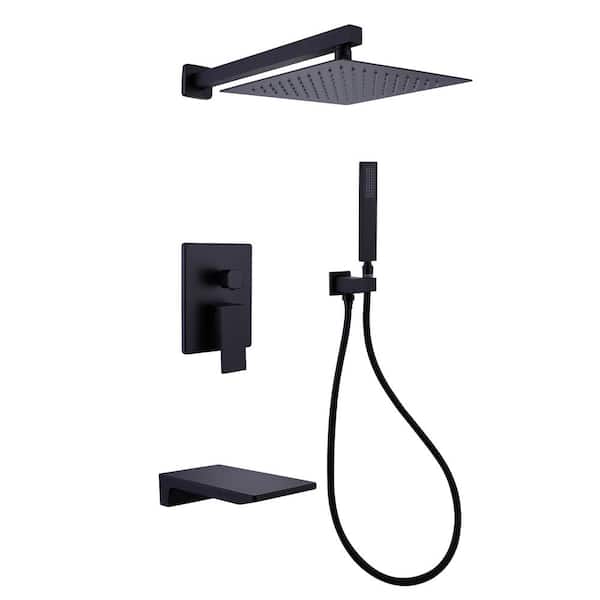 Inner Decor Aah Single-Handle 3-Spray 10 in. Square Shower Faucet with Waterfall Spout in Matte Black (Valve Included)